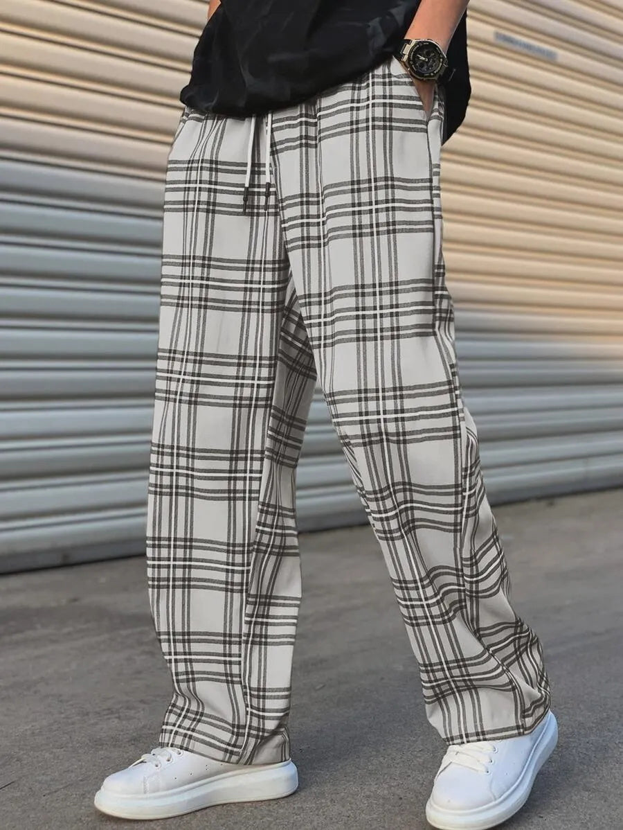 (L-10XL) Plus Size Men's Casual Loose Plaid Long Pants