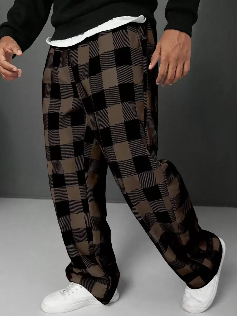 (L-10XL) Plus Size Men's Plaid Print Loose Straight Fit Casual Pants