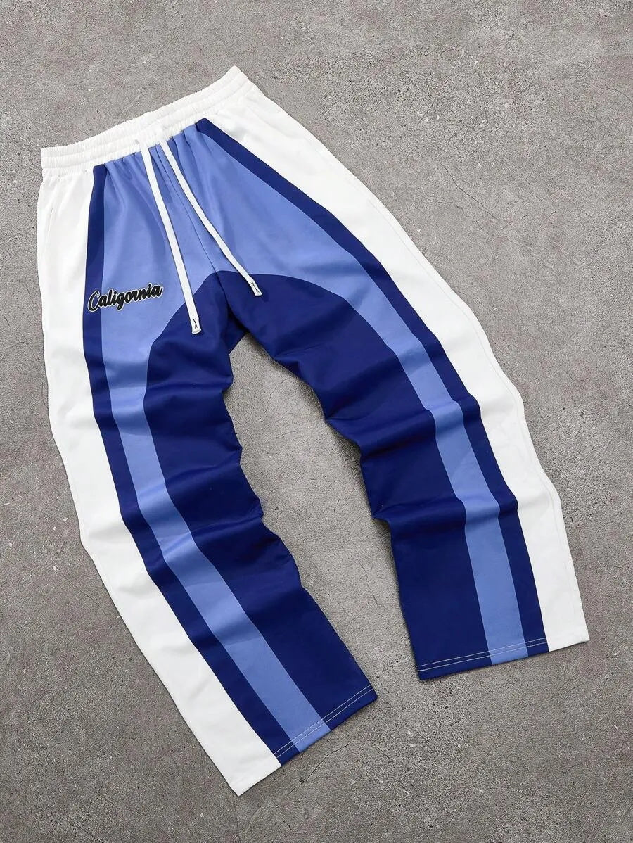 (L-10XL) Plus Size Men's Contrast Color Letter Print Loose Straight Fit Casual Pants