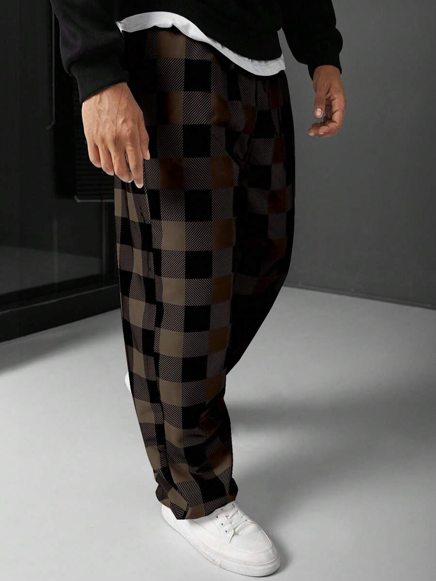 (L-10XL) Plus Size Men's Plaid Print Loose Straight Fit Casual Pants