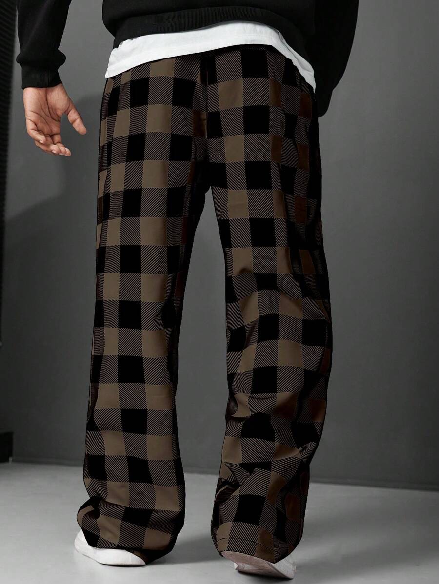 (L-10XL) Plus Size Men's Plaid Print Loose Straight Fit Casual Pants