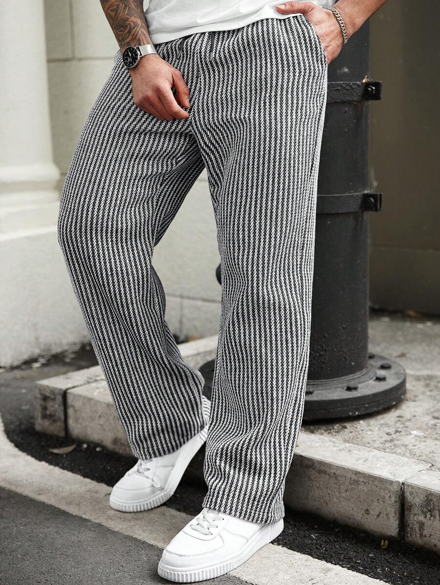 (L-10XL) Plus Size Men's Drawstring Waist Striped Straight Loose Casual Pants