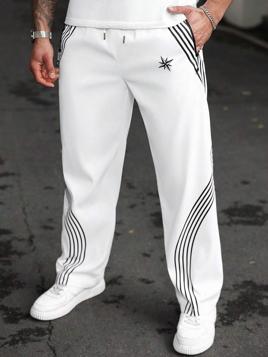 (L-10XL) Plus Size Men's Drawstring Waist Striped Loose Straight Leg Casual Pants