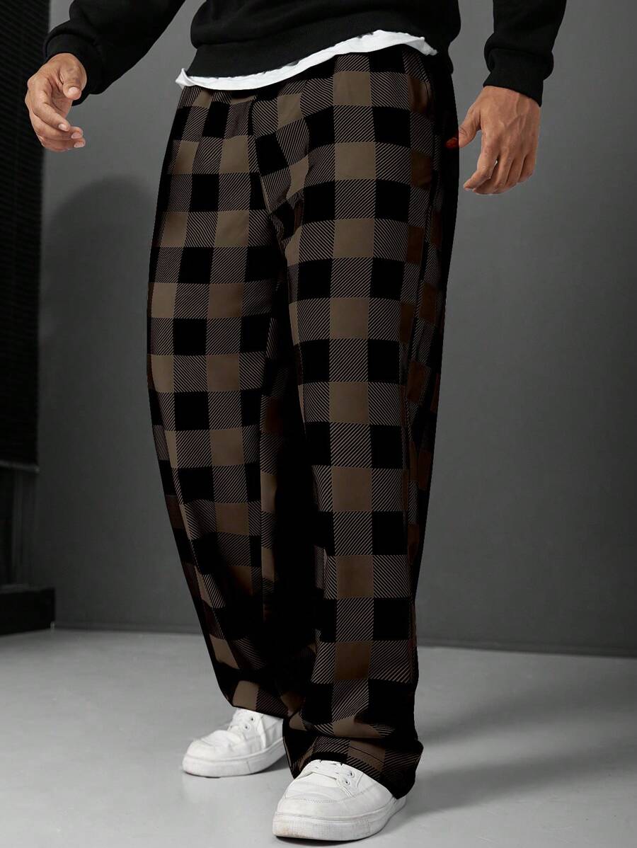 (L-10XL) Plus Size Men's Plaid Print Loose Straight Fit Casual Pants