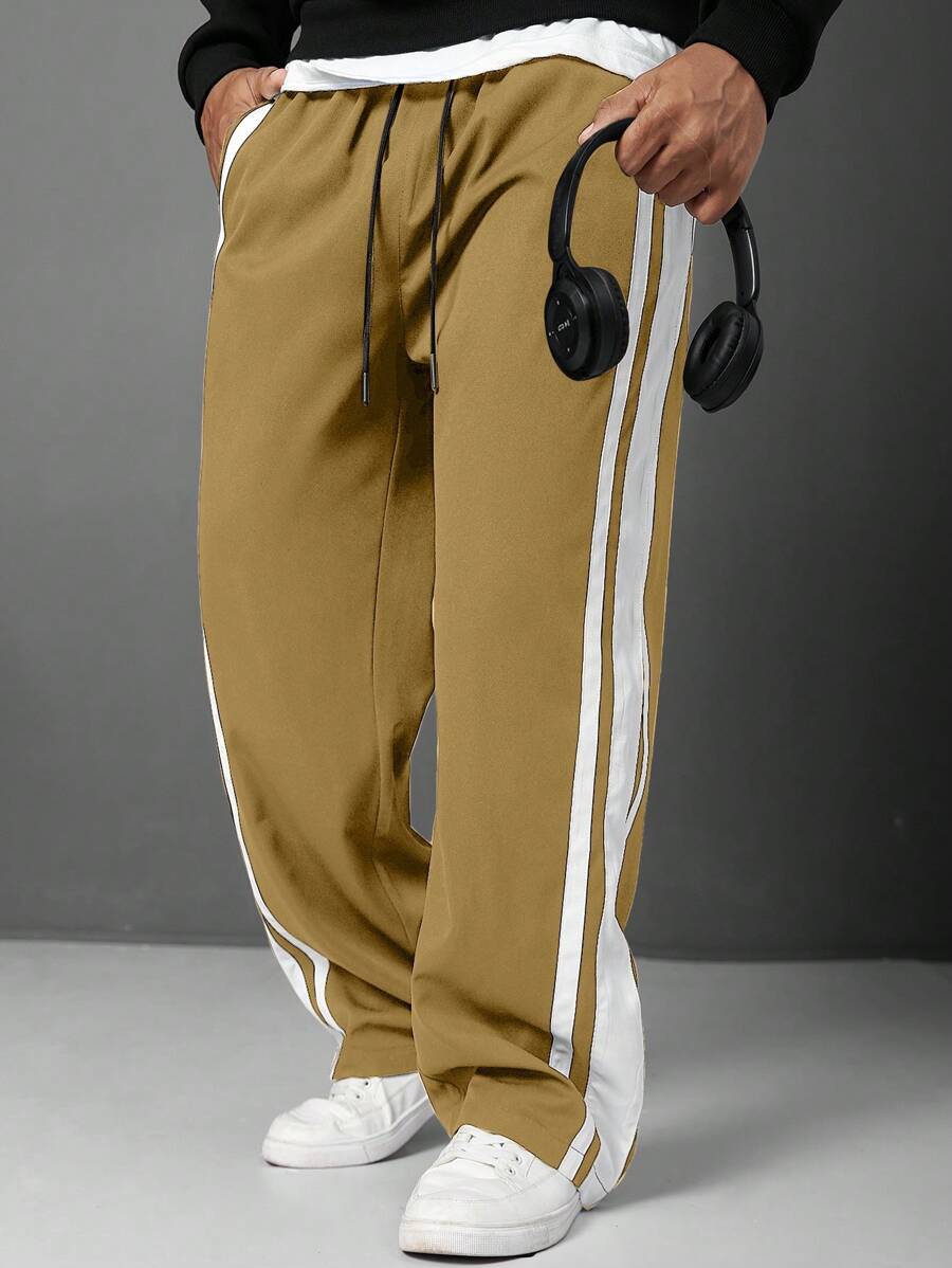 (L-10XL) Plus Size Men's Side Stripe Drawstring Waist Loose Pants