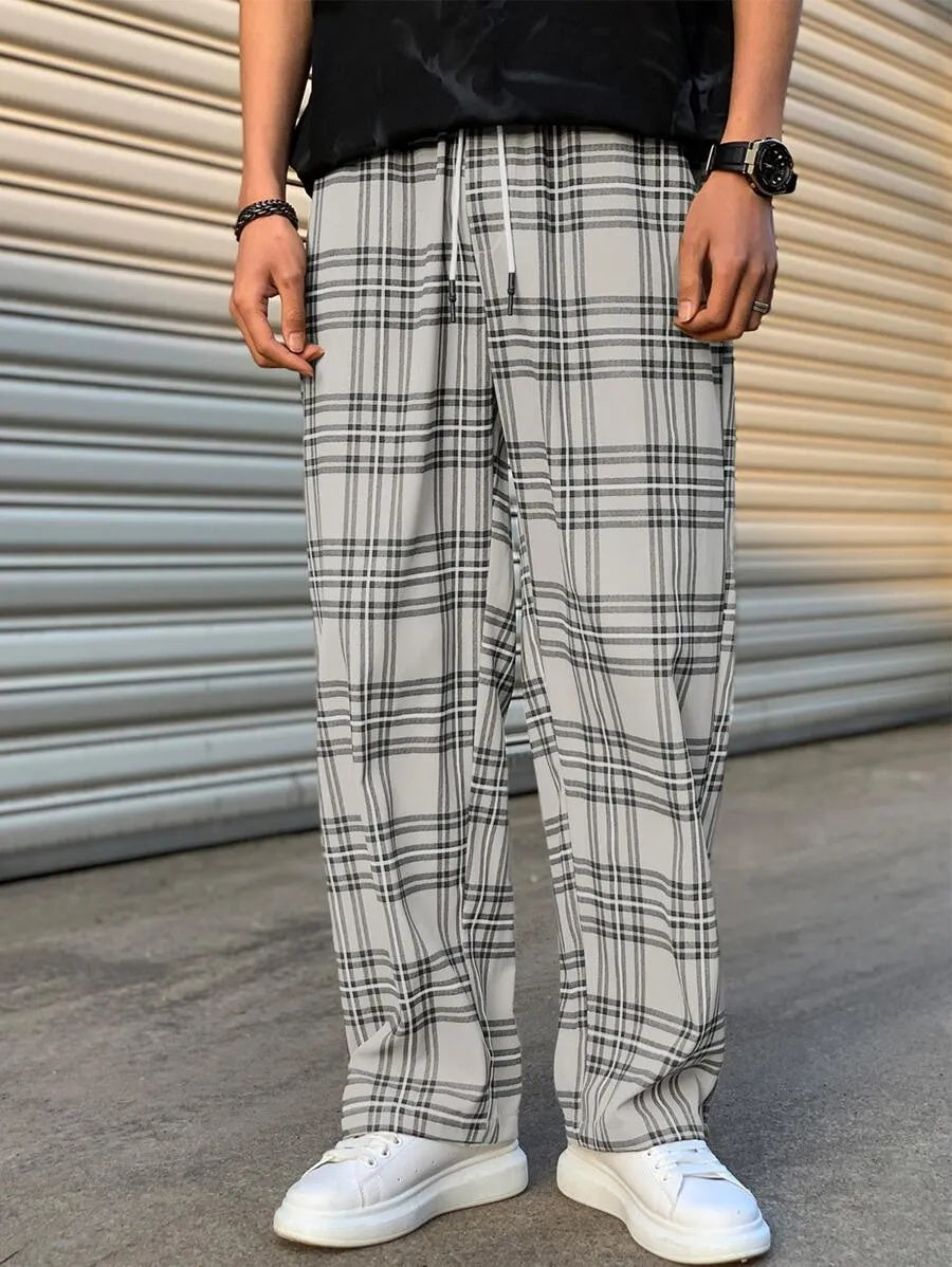 (L-10XL) Plus Size Men's Casual Loose Plaid Long Pants