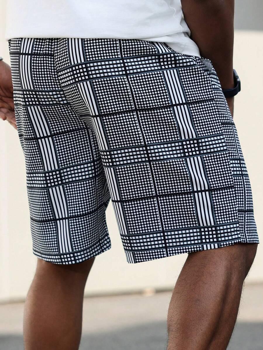 (L-10XL) Plus Size Men's Front Tie Pocket Plaid Simple Casual Shorts