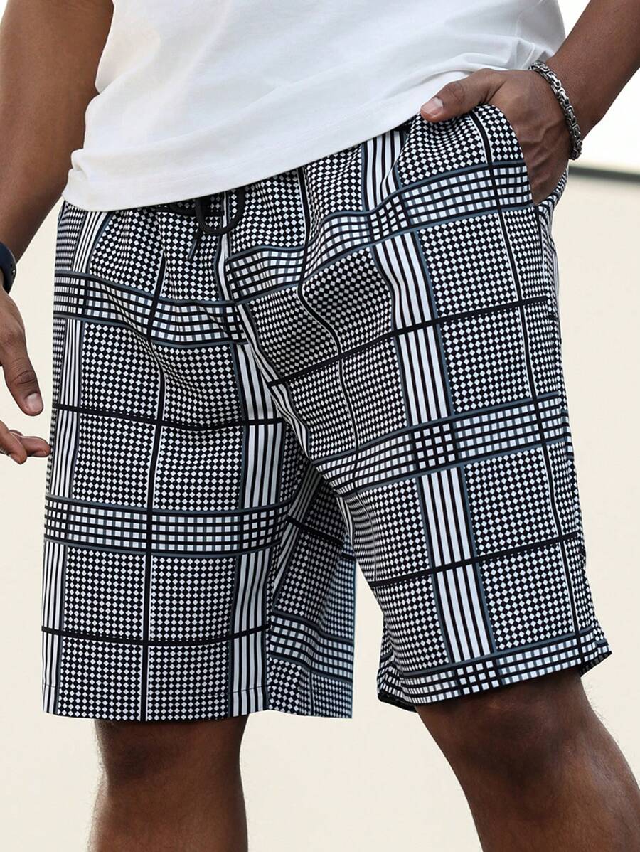 (L-10XL) Plus Size Men's Front Tie Pocket Plaid Simple Casual Shorts
