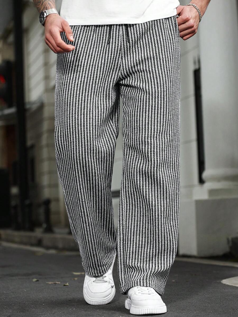 (L-10XL) Plus Size Men's Drawstring Waist Striped Straight Loose Casual Pants
