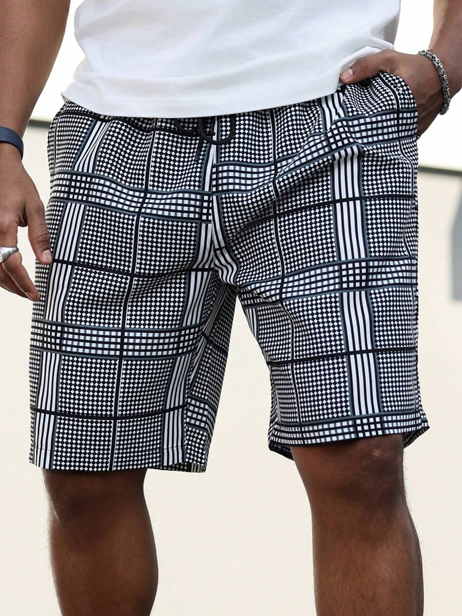 (L-10XL) Plus Size Men's Front Tie Pocket Plaid Simple Casual Shorts