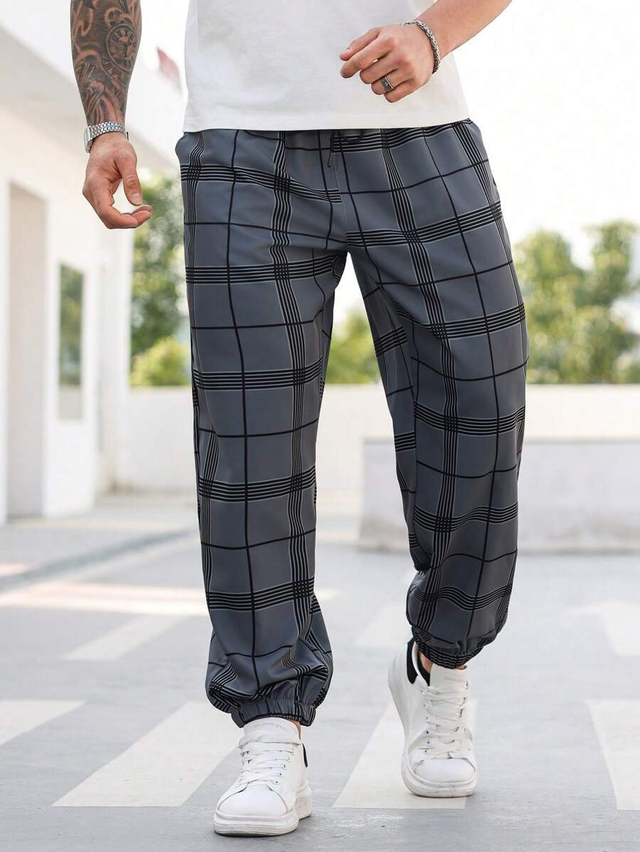 (L-10XL) Plus Size Men's Plaid Casual Jogger Pants