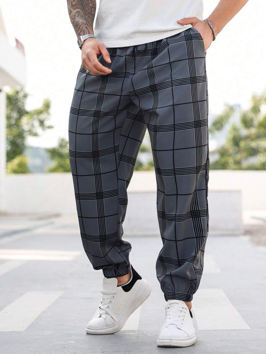 (L-10XL) Plus Size Men's Plaid Casual Jogger Pants