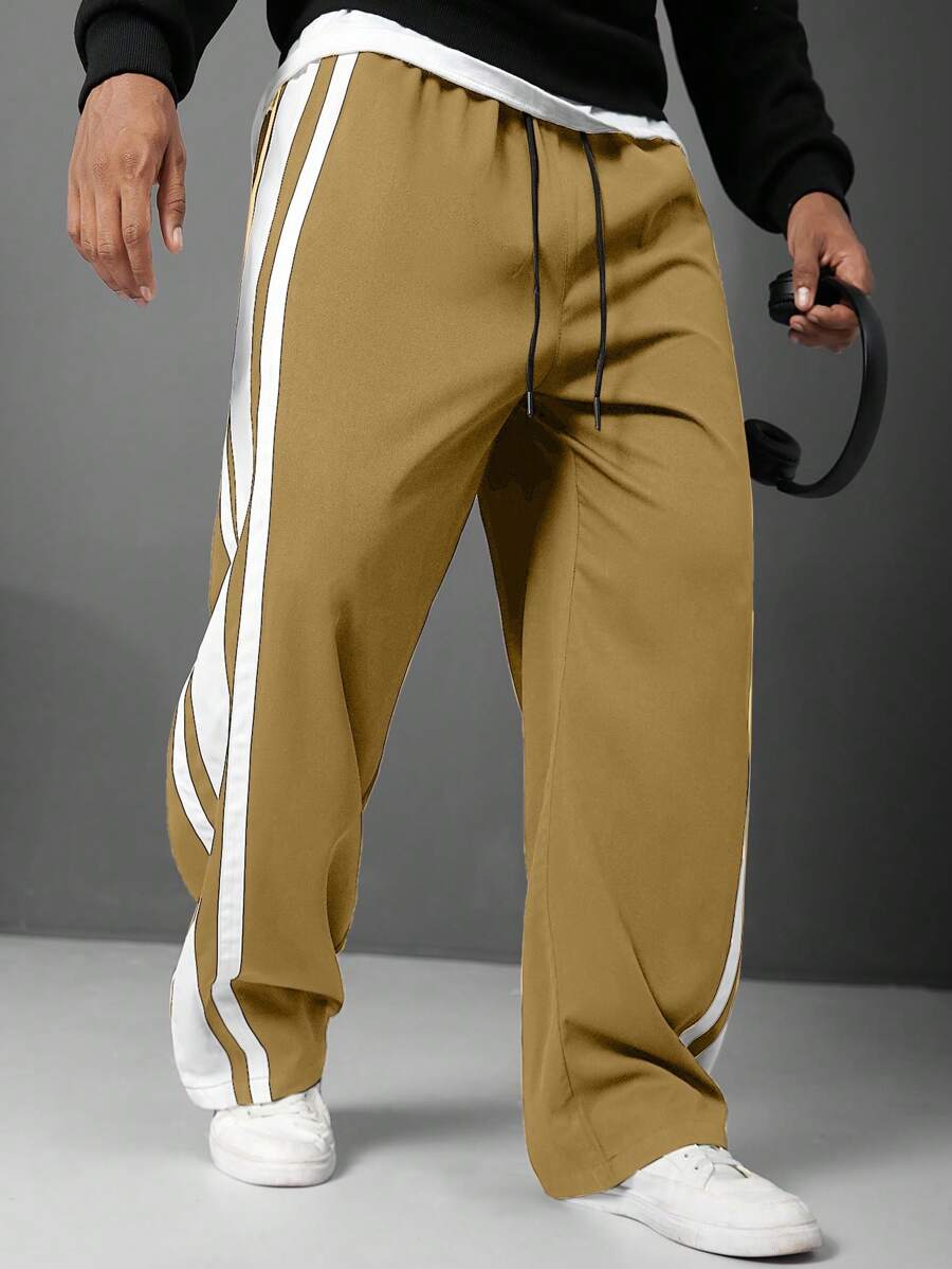 (L-10XL) Plus Size Men's Side Stripe Drawstring Waist Loose Pants