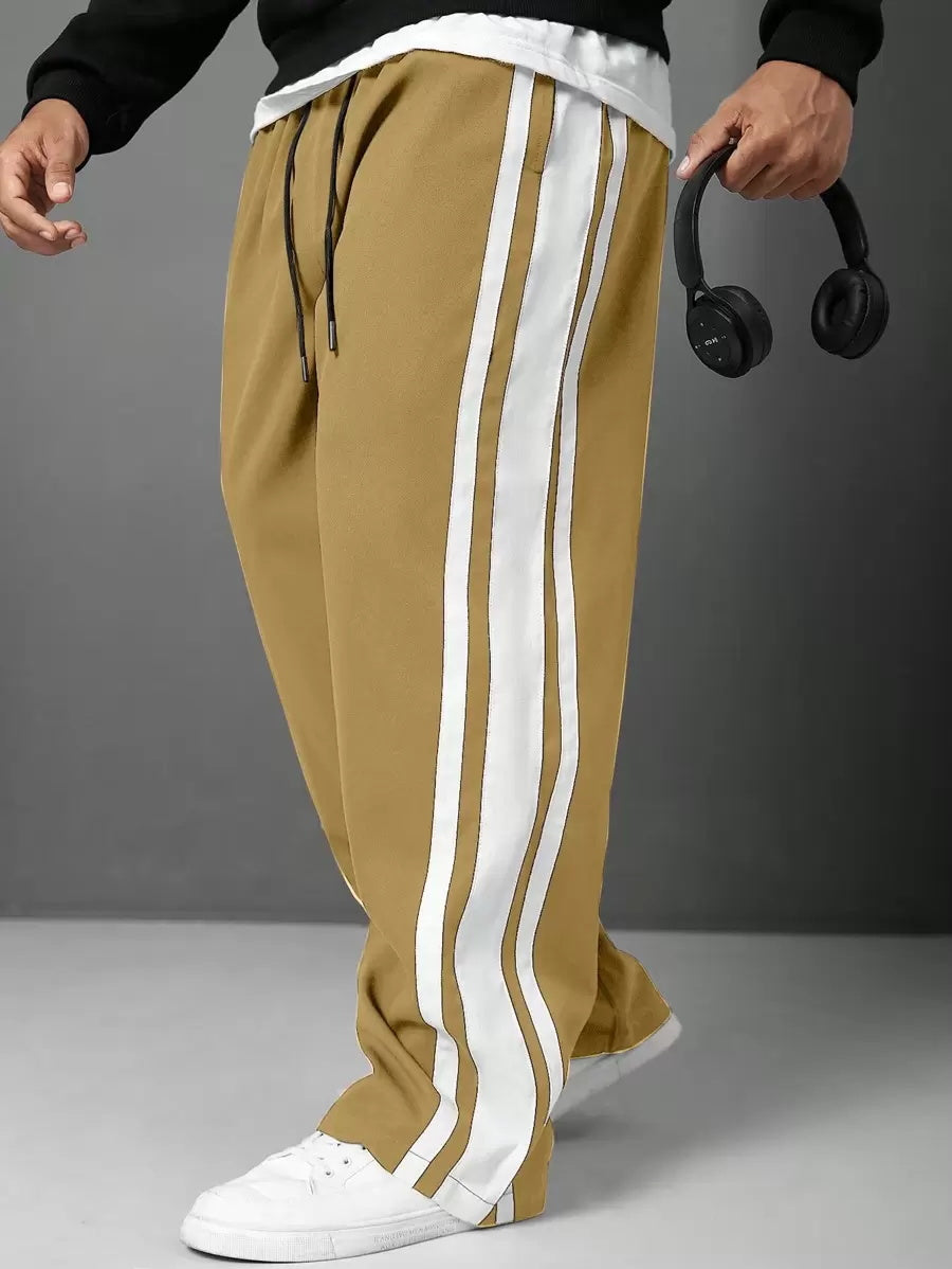 (L-10XL) Plus Size Men's Side Stripe Drawstring Waist Loose Pants